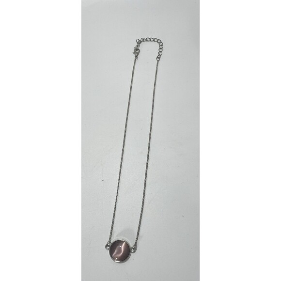 Beautiful Pink Cat Eye Glass Pendant Silver Tone Necklace 17” Adjustable Chain - Picture 6 of 6